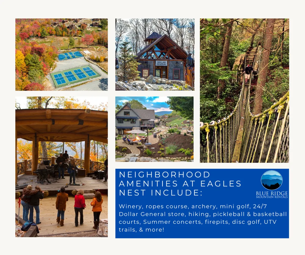 A vibrant outdoor scene showcasing Eagles Nest’s family-friendly amenities. Visible are a ropes course and archery area, a mini golf course, a lively concert stage set up for live music, and a spacious lawn dotted with people enjoying games and picnics. The environment is festive and active, conveying a sense of community and adventure.