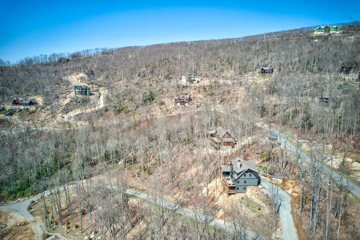 A tranquil neighborhood scene with houses nestled among mature trees, a winding road threading through the community, and a mountainous backdrop. The natural landscape is inviting for hiking, nature walks, and outdoor exploration, with a sense of safety and serenity ideal for families.